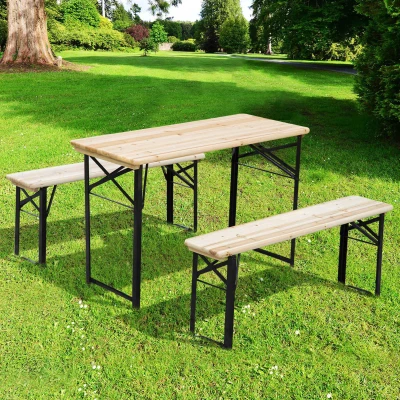 Outsunny Faltbarer Campingtisch mit Picknicktisch + 2 klappbare Bänke aus epoxidbeschichtetem Metall Schwarz Massivholz Fichte