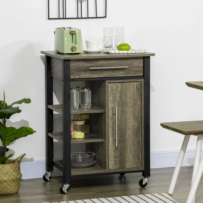 HOMCOM Küchenwagen auf Rollen mit Schublade - Maße 60 x 50 x 84,5 cm - Schwarz und Holzoptik