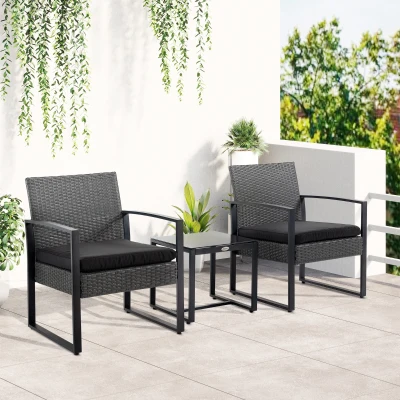 Outsunny Gartenmöbel-Set 2 Personen 3-teilig 2 Stühle mit Kissen + Couchtisch mit gehärteter Glasplatte PE-Rattan 4 Stränge Rattanimitation Schwarz