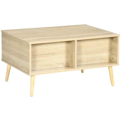 HOMCOM Rechteckiger Couchtisch Wohnzimmertisch klappbares Tablett 2 Fächer Truhe aus Holzmaßen 85L x 60B x 59,5H cm helle Holzoptik