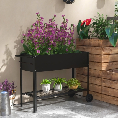 Outsunny Metall-Pflanzschale mit Ständer und Regal 104L x 39B x 80H cm 2 Räder + Bewässerungseinsatz Schwarz