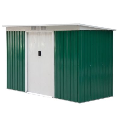 Outsunny Abri de Jardin, Cabane de Jardin, Abri de Rangement avec Porte Coulissante, Fenêtre de Ventilation, Toit en Pente, Extérieur, Acier, Vert Foncé, 280 x 130 x 172 cm