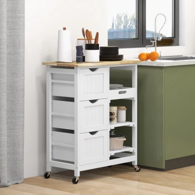 HOMCOM Kücheninselwagen mit Rollen und Arbeitsplatte aus Holz, 3 Schubladen + 1 abnehmbares Tablett 67 x 37 x 85,5 cm Weiß