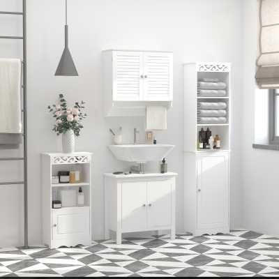 kleankin Badezimmer-Wandschrank - Schrank mit 2 Lamellentüren und Regal - Handtuchhalter - Weißes Holz