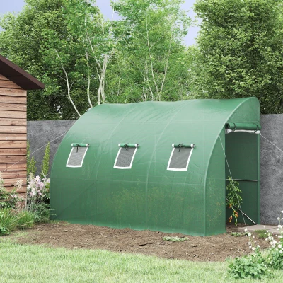 Outsunny Serre adossée résistante aux intempéries, portes enroulables, 300 cm x 150 cm x 197 cm, serre en polyéthylène, Vert