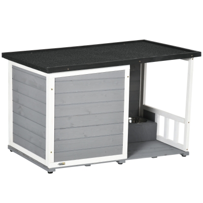 PawHut Chenil pour Chiens en Bois Massif, avec 2 Bols, Véranda, Résistant aux Intempéries, 103 cm x 62 cm x 66 cm, Gris + Blanc