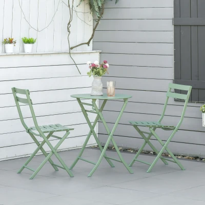 Outsunny Gartenmöbel-Set für 2 Personen - klappbarer Bistro-Gartentisch und Stühle - Bistro-Gartenmöbel-Set - runder Tisch Ø 60 cm mit 2 klappbaren Stühlen - pulverbeschichtetes Metall in Grün