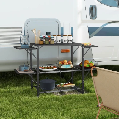 Outsunny Faltbarer Campingküchentisch aus Stahl und Aluminium mit Tragetasche, 2 Seitentischen, 2 Regalen und Getränkehaltern
