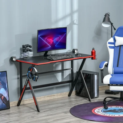 HOMCOM Racing Gaming-Schreibtisch Gamer-Schreibtisch Computerschreibtisch Halterungen für Headset-Lautsprecher Getränkehalter Metallplatte MDF Carbonfaser-Oberfläche Rot Schwarz