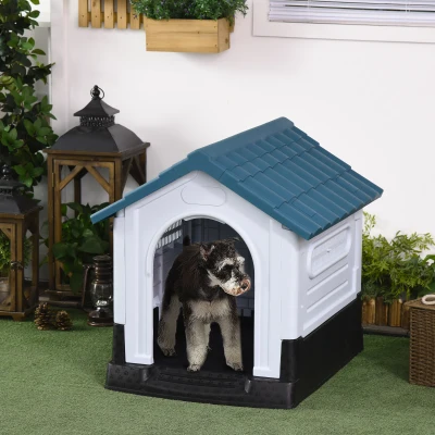 PawHut Hundehütte Draußen für kleine und mittelgroße Hunde 64,5 x 57 x 66 cm Weiß und Blau