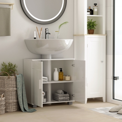 Kleankin Badezimmer-Unterschrank mit 2 Schwingtüren und 1 höhenverstellbaren Regal, auf Beinen, Griffe aus Aluminiumlegierung, Abmessungen 60L x 30B x 60H cm - MDF Weiß