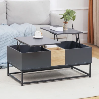 HOMCOM Höhenverstellbarer Couchtisch mit 2 Platten, verborgenen Fächern und offenen Regalen in dunkelgrauer Holzoptik