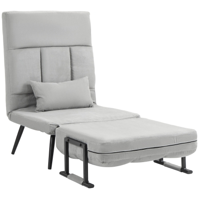 HOMCOM Schlafsessel 3-in-1 Einzelbett mit 5-fach verstellbarer Rückenlehne, Armlehnen und Kissen, Samt-Effekt, Grau