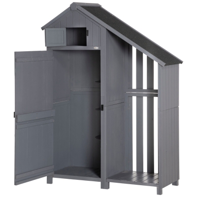 Outsunny Armoire de Jardin, compartiment de rangement ouvert pour le bois de chauffage, porte verrouillable, résistant aux intempéries, bois naturel, 129 x 51,5 x 180cm, gris+noir