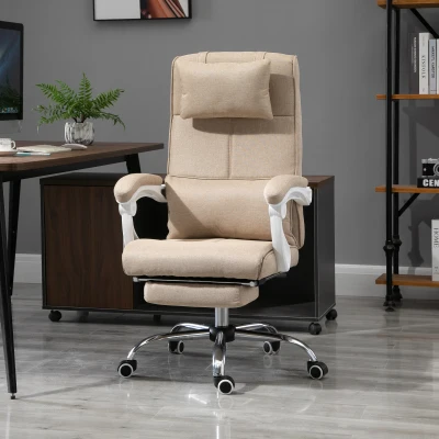 HOMCOM Bürostuhl, ergonomischer Bürostuhl mit klappbarem Fußstütze, neigbarer Rückenlehne, Kopfkissen und Lendenstütze, höhenverstellbar, aus Leinenstoff in Beige