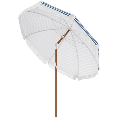 Outsunny Runder neigbarer Sonnenschirm Ø 213 cm mit Fransen Polyester mit hoher Dichte UV-beständig abnehmbarer Mast, Vintage Blau und Weiß