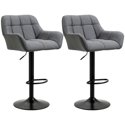 HOMCOM Lot de 2 Tabourets de Bar au Design Rétro Réglables en Hauteur en Simili Cuir et en Tissu Aspect Lin Gris + Noir