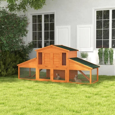 PawHut Kaninchenstall Nagerhütte XXL 2 Etagen 2 Gehege Misttablett 2,25L x 0,70B x 1H m Massivholz Kiefer