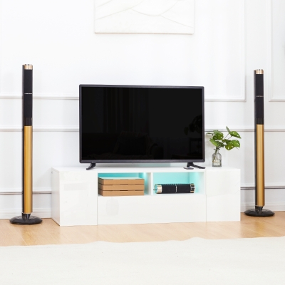HOMCOM TV-Möbel, TV-Bank, TV-Möbel, bis zu 60 Zoll, mit LED-Lichtern, 2 Regalen und Schränken, glänzender Türplatte, 137 x 35 x 42 cm, weiß
