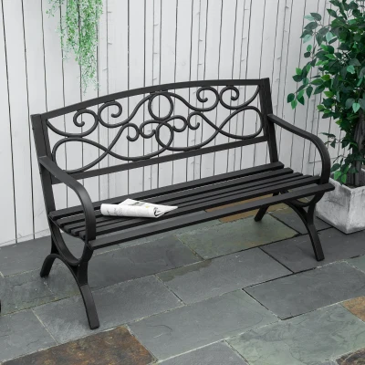Outsunny Gartenbank 2-Sitzer Gartenbank im Freien Terrasse Patio mit geneigter Rückenlehne Latten- Sitzfläche bequeme Armlehnen Stahl Gusseisen 128 x 58,5 x 85 cm schwarz