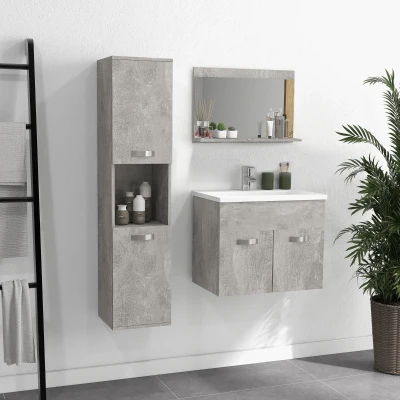 kleankin 3-teiliges Badezimmermöbel-Set mit Spiegelregal + Waschbeckenmöbel + wandmontierte Badschranksäule, grau