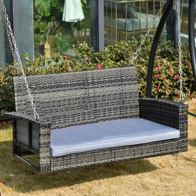 Outsunny Banc de Jardin à Suspendre 2 Places en Rotin avec Coussin de Siège Balancelle Suspendue Hollywood Balançoire Banquette de Jardin Gris 127 x 65 x 60 cm