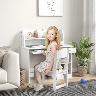 ZONEKIZ Ensemble bureau et chaise pour enfant 5-8 ans mit vielen Stauräumen, ausziehbarer Ablage und Schublade in Weiß