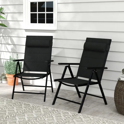 Outsunny Set mit 2 klappbaren Gartensesseln mit Kopfstütze, Armlehnen und Aluminiumrahmen Maße 54 x 67 x 108 cm Schwarz
