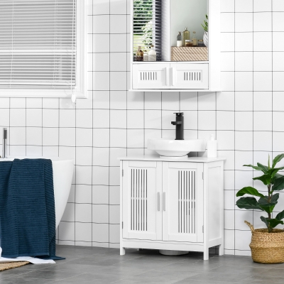 Kleankin Badezimmer-Unterschrank - Waschtischunterschrank - 2 gerillte Türen mit höhenverstellbarem Regal - Griffe aus Aluminiumlegierung - Maße 60L x 30B x 60H cm - MDF Weiß