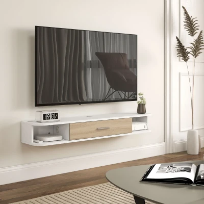HOMCOM Wand-TV-Möbel TV-Bank bis zu 50 Zoll mit offenen Fächern und klappbarem Schrank Weiß