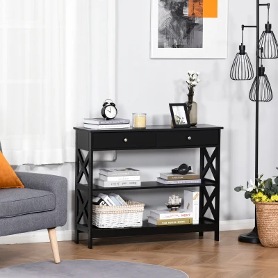 HOMCOM Konsolentisch Eingangstisch Drapierkonsole neo-retro 2 Schubladen 2 Regale Maße 100L x 30,5B x 80H cm MDF Schwarz