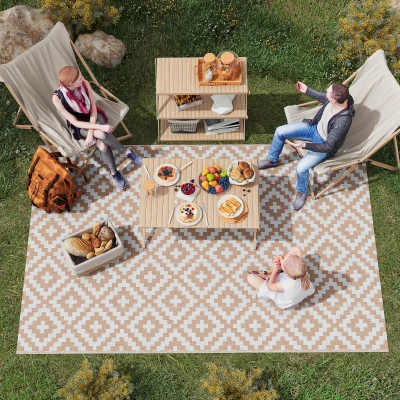 Outsunny Garten Teppich Grafisches Design - Reversible Doppelmuster - Maße 2,74L x 1,82B m - Hochdichtepolypropylen 310 g/m² Weiß Beige