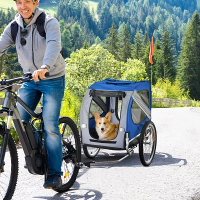 PawHut Fahrradanhänger für Hunde Haustiere 8 Reflektoren Fahnenwimpel Anhängestange inklusive 130 x 73 x 90 cm weiß und blau