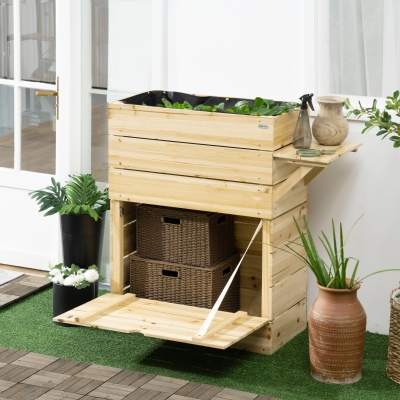 Outsunny Bac à Fleurs surélevé avec Table Pliante et Espace de Rangement, Bois Massif laqué, Doublure intérieure en non-tissé, 105cm x 39,5cm x 105cm