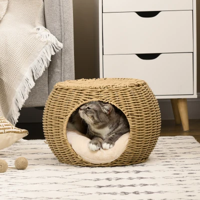 PawHut Katzenhaus Katzenkorb Katzenhöhle 2 Etagen aus geflochtener Kunstharz-Rattanoptik mit 1 weichem Kissen Ø 40 x 30 cm Hellbraun
