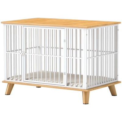 PawHut Cage pour Chien avec Porte Verrouillable, Coussin Amovible, Bonne Ventilation, Acier, 86x60x70 cm, Blanc+Chêne