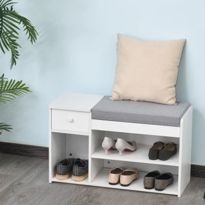 HOMCOM Schuhschrank Schuhschrank 2 Ebenen Aufbewahrung, Nische, Schublade, integrierte Truhe mit grauem weißen Kissen