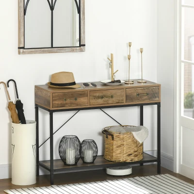 HOMCOM Konsolentisch Eingangstisch Industriedesign 3 Schubladen 1 Tischplatte mit Holzoptik 100 x 35 x 76,5 cm Hellbraun Schwarz