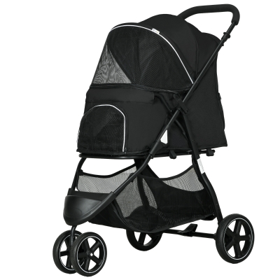 PawHut Hundebuggy Katzenbuggy Haustierkinderwagen zusammenklappbar 2 Leinen EVA-Räder verstellbarer Griff Korb 83 x 55 x 101 cm schwarz