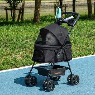 PawHut Faltbarer Hundekinderwagen Buggy für Katzen mit Aufbewahrungskorb, Getränkehalter, 300D Oxford Gewebe wasserdicht, 4 Räder Schwarz
