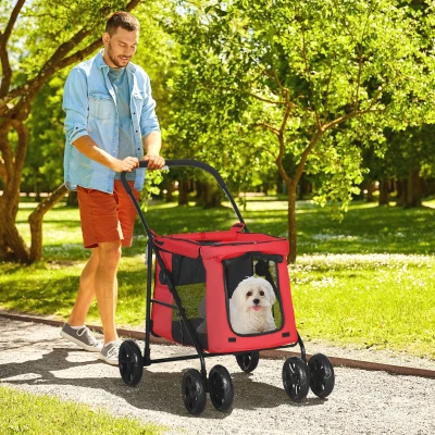 PawHut Hundekinderwagen zusammenklappbar Haustier Hund Katze Kissen inklusive Räder mit Bremse 600D Oxford-Stoff 102 x 62 x 105 cm rot