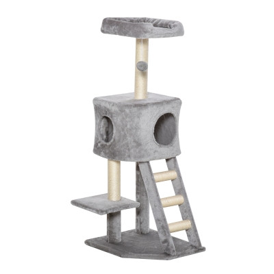 PawHut Arbre à Chat avec Grotte Leiter Cat Tree Arbres à Grimper pour Chats Centre d'Activités Multi-niveaux E1 MDF Sisal Gris Clair 60 x 48 x 122 cm