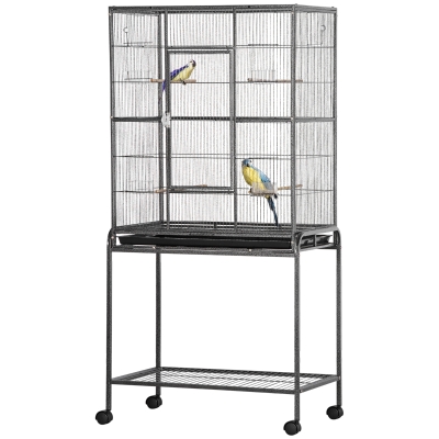 PawHut Vogelkäfig Portable mit 4 Futternäpfen und 4 Holzstangen Praktisch 77 x 47 x 163 cm Schwarz und Grau