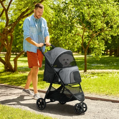 PawHut Hundekatzenwagen Haustierklappbar 2 Sicherheitsleinen EVA-Räder verstellbarer Griff Korb 83 x 55 x 101 cm grau
