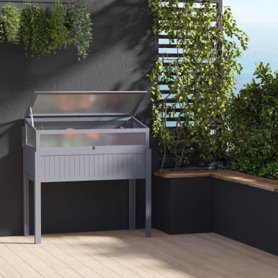 Serre surélevée Outsunny en bois avec jardinière précoce 2-en-1 pour tomates, potager, carré d'herbes, bac à plantes pour jardin, balcon et terrasse en polycarbonate Gris 120 x 54 x 112/122 cm