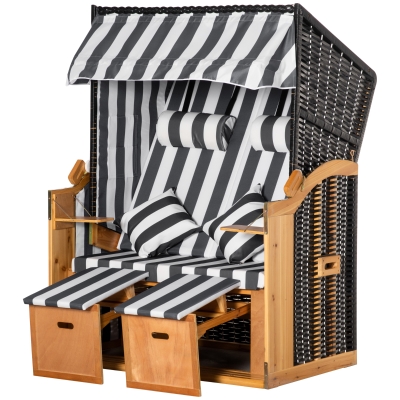 Outsunny Corbeille de plage 2 places - Cabine chaise de plage inclinable - abri plage strandkorb - coussins, repose-pieds, tablettes, pare-soleil, Nature + Gris + Blanc