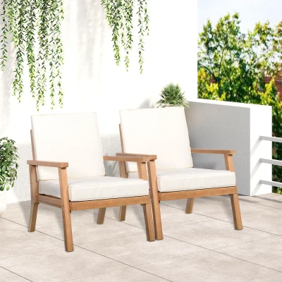 Outsunny Lot de 2 chaises de jardin avec coussins Ensemble de fauteuils de jardin en bois de peuplier Mobilier de jardin Chaise en bois Chaise de balcon Chaise de terrasse Marron+Beige 66 x 77,5 x 74,5 cm