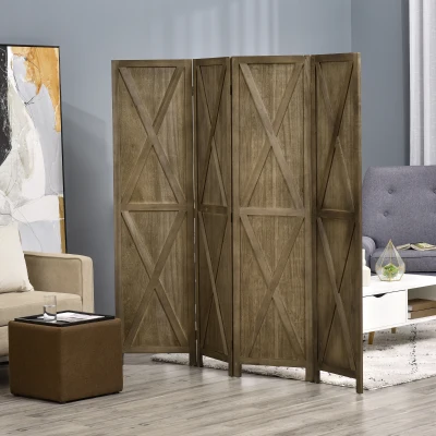HOMCOM Biombo de 4 Painéis Separador de Ambientes Dobrável 182x170 cm Divisória para Espaços de Madeira Marrom Acinzentado