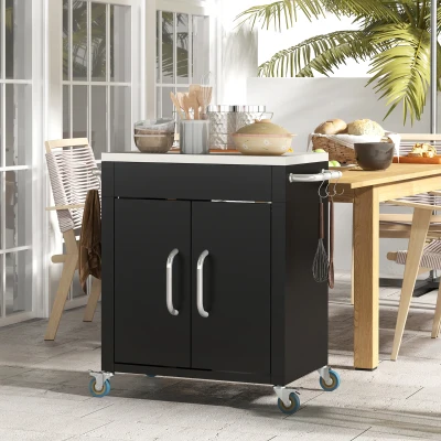 HOMCOM Black Metal Kitchen Island on Wheels, Rolling Trolley Catr with Stainless Top and Hooks