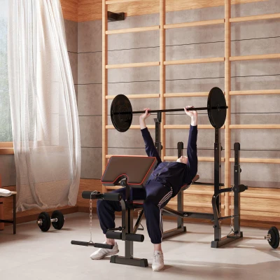 SPORTNOW Banco de Pesas con Soportes para Barra y Respaldo Ajustable para Entrenamiento Completos de Cuerpo Negro